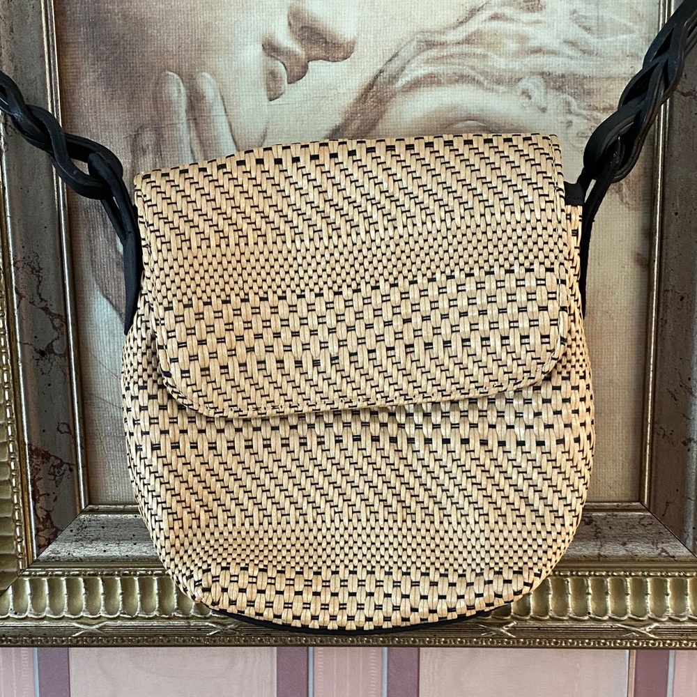 Woven Tan Shoulder Bag with Black Strap